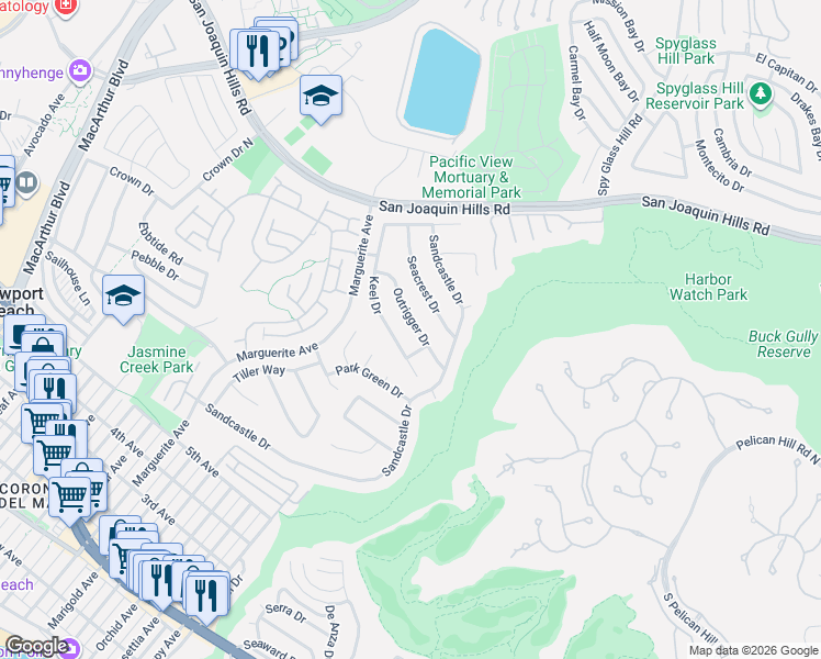 map of restaurants, bars, coffee shops, grocery stores, and more near 1301 Outrigger Drive in Newport Beach