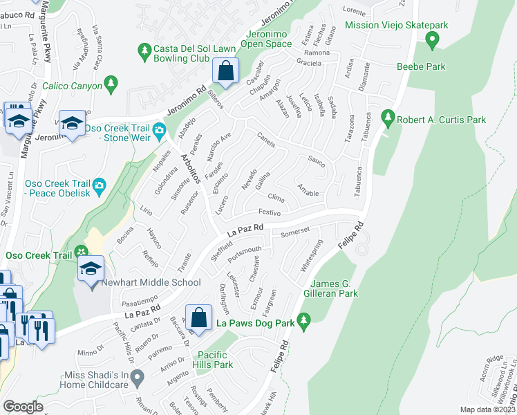 map of restaurants, bars, coffee shops, grocery stores, and more near 28001 Festivo in Mission Viejo