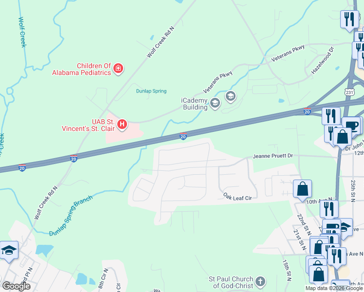 map of restaurants, bars, coffee shops, grocery stores, and more near 510 Fox Run Circle in Pell City