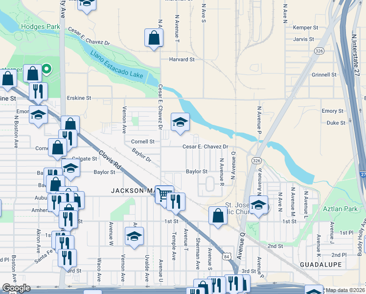 map of restaurants, bars, coffee shops, grocery stores, and more near 2001-2099 Cornell Street in Lubbock