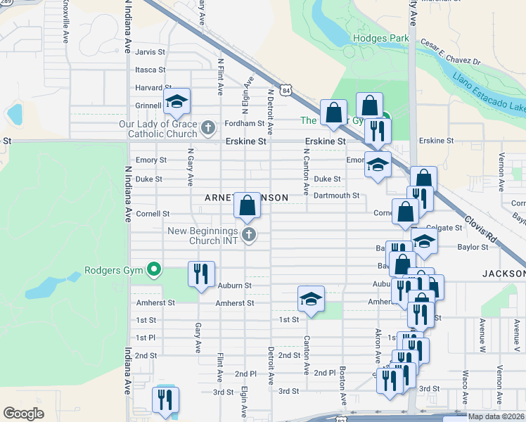 map of restaurants, bars, coffee shops, grocery stores, and more near 2911 Cornell Street in Lubbock