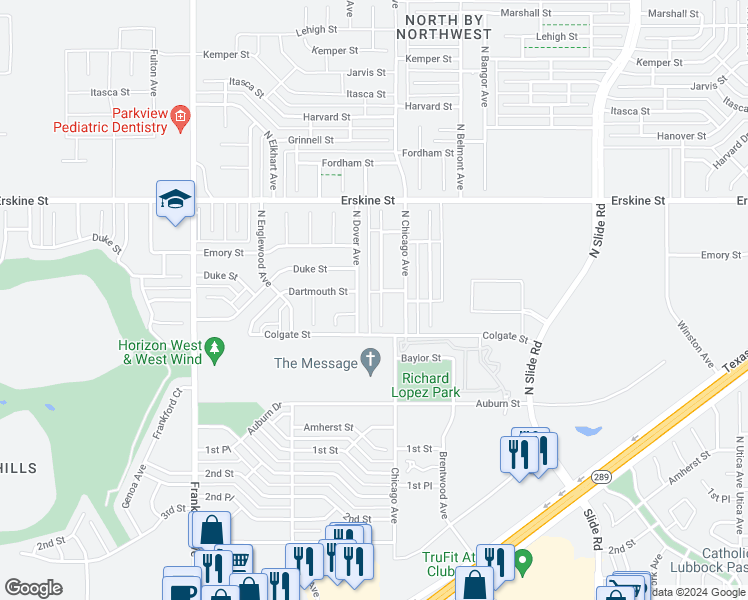 map of restaurants, bars, coffee shops, grocery stores, and more near 404 North Dover Avenue in Lubbock