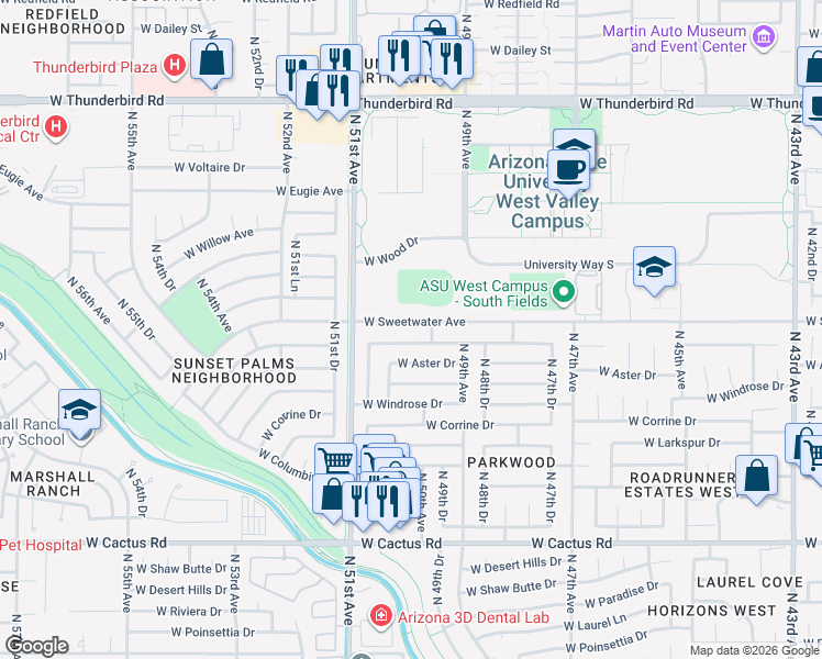 map of restaurants, bars, coffee shops, grocery stores, and more near 5018 West Dahlia Drive in Glendale