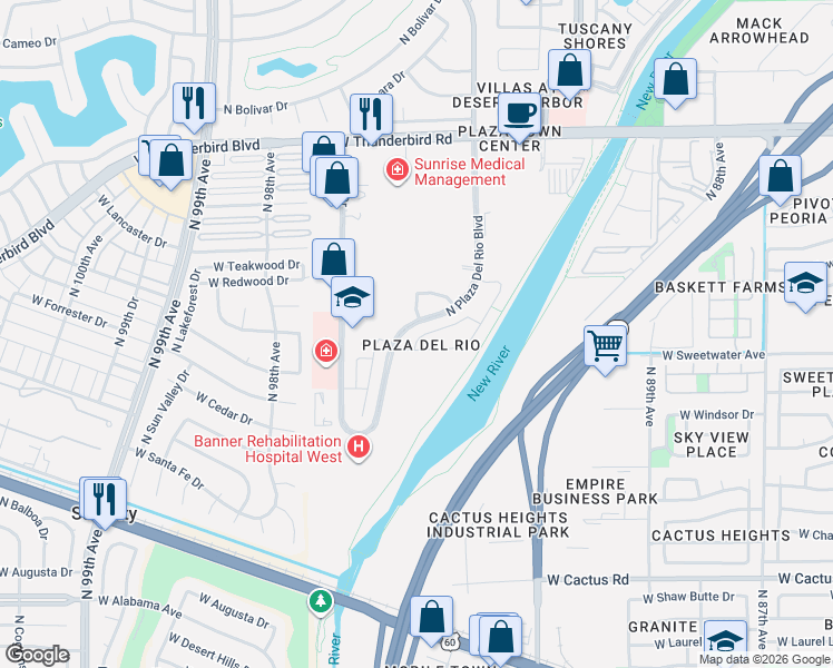 map of restaurants, bars, coffee shops, grocery stores, and more near 13084 North 91st Lane in Peoria