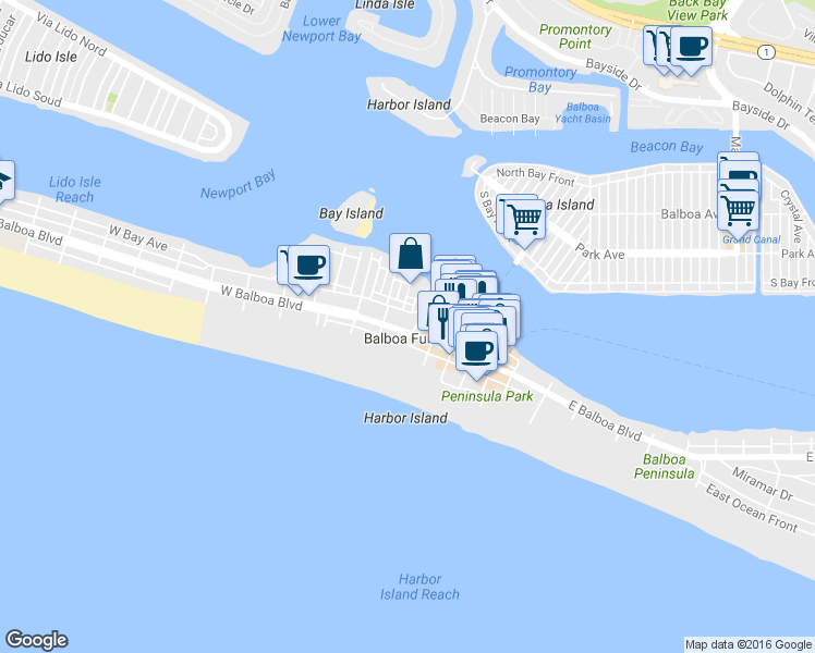 map of restaurants, bars, coffee shops, grocery stores, and more near 319 East Balboa Boulevard in Newport Beach