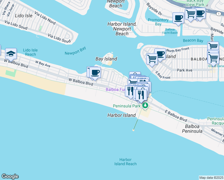 map of restaurants, bars, coffee shops, grocery stores, and more near 208 East Oceanfront in Newport Beach