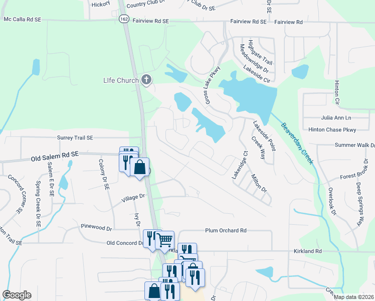 map of restaurants, bars, coffee shops, grocery stores, and more near 465 Barshay Drive in Covington