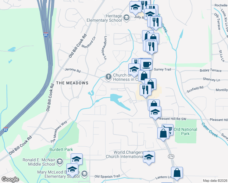 map of restaurants, bars, coffee shops, grocery stores, and more near 5480 Twin Lakes Drive in College Park