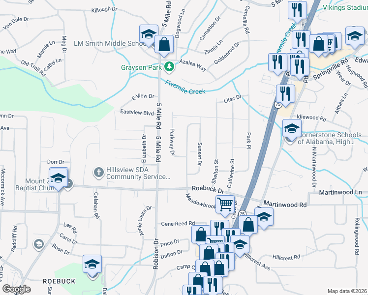 map of restaurants, bars, coffee shops, grocery stores, and more near 915 Parkway Drive in Birmingham