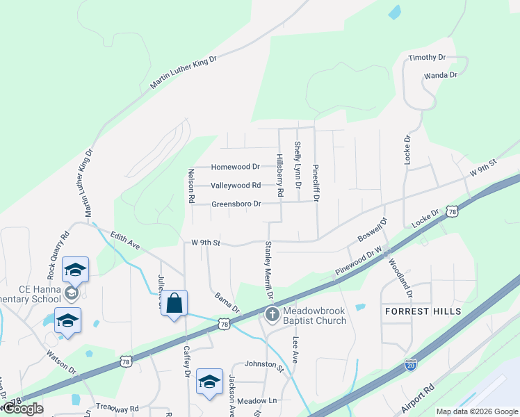 map of restaurants, bars, coffee shops, grocery stores, and more near 1209 Greensboro Drive in Oxford