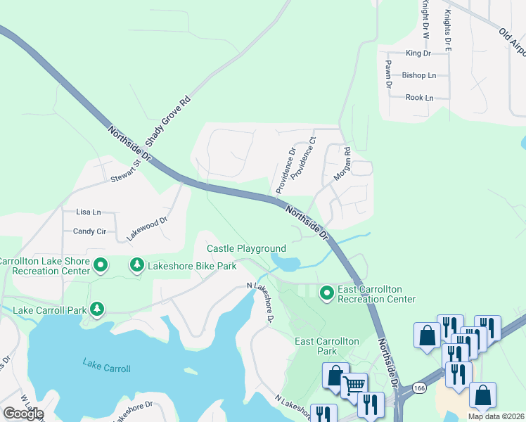 map of restaurants, bars, coffee shops, grocery stores, and more near 530 Northside Drive in Carrollton