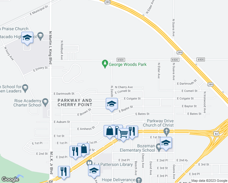map of restaurants, bars, coffee shops, grocery stores, and more near 2604 E Cornell St in Lubbock