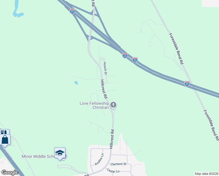 map of restaurants, bars, coffee shops, grocery stores, and more near 3294 Hillcrest Road in Adamsville