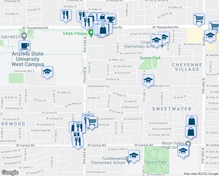 map of restaurants, bars, coffee shops, grocery stores, and more near 4054 West Dahlia Drive in Phoenix