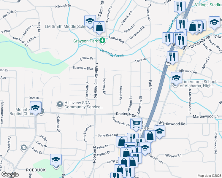 map of restaurants, bars, coffee shops, grocery stores, and more near 915 Parkway Drive in Birmingham