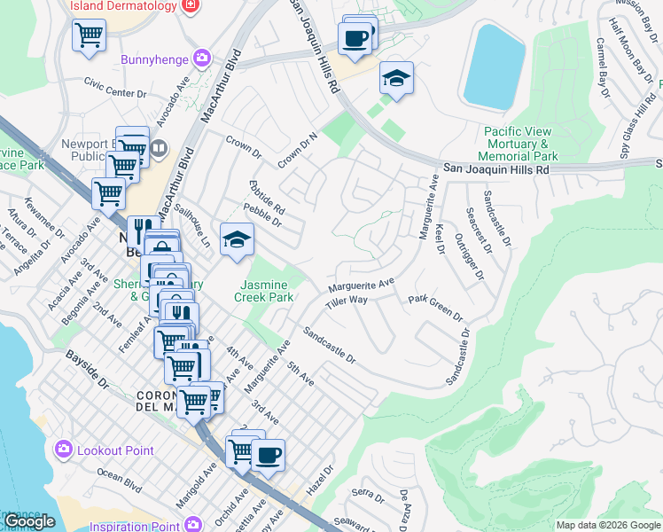 map of restaurants, bars, coffee shops, grocery stores, and more near 5 Jasmine Creek Drive in Newport Beach