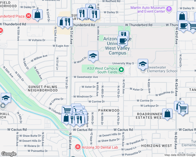 map of restaurants, bars, coffee shops, grocery stores, and more near 4842 West Dahlia Drive in Glendale