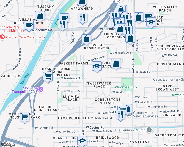 map of restaurants, bars, coffee shops, grocery stores, and more near 8624 West Sweetwater Avenue in Peoria