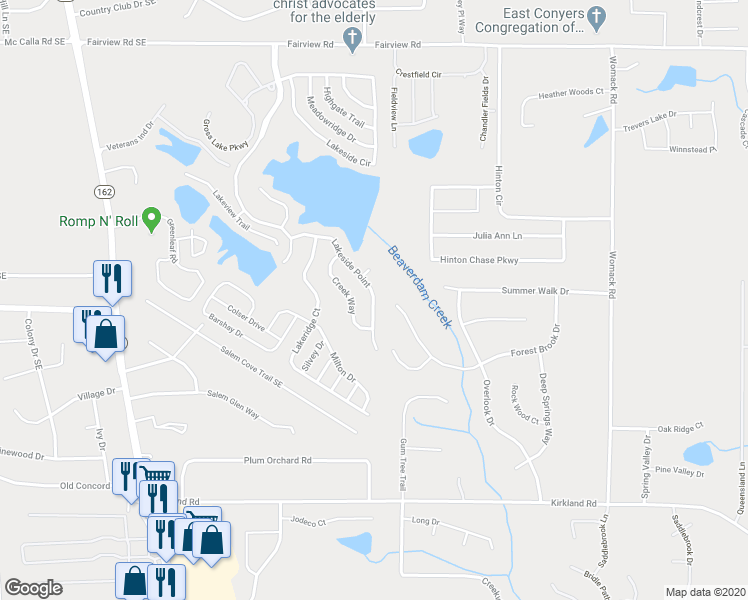 map of restaurants, bars, coffee shops, grocery stores, and more near 265 Lake Side Point in Covington