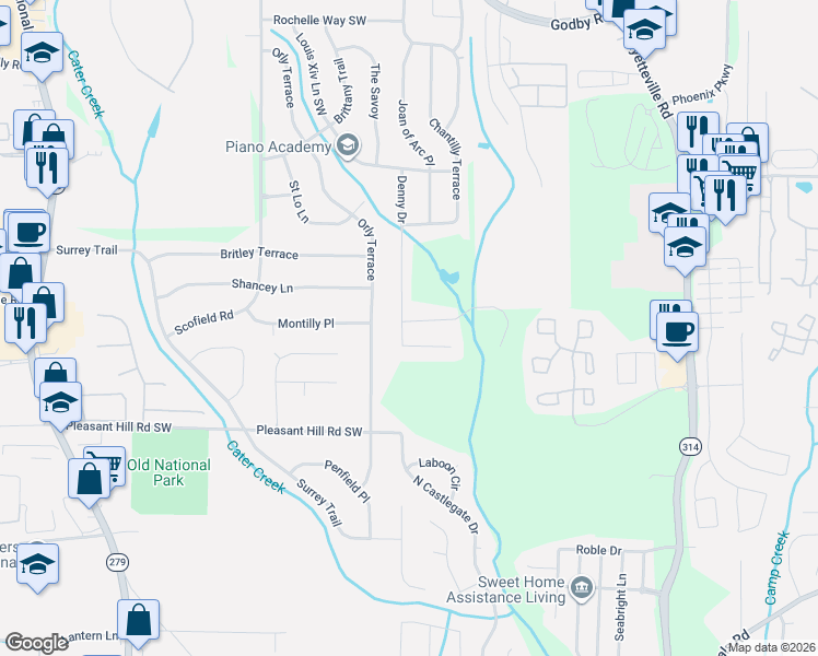 map of restaurants, bars, coffee shops, grocery stores, and more near 5430 Denny Drive in Atlanta