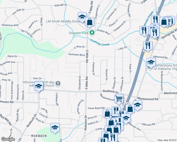 map of restaurants, bars, coffee shops, grocery stores, and more near 921 5 Mile Road in Birmingham