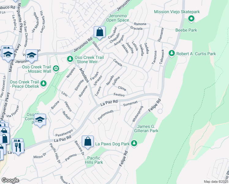 map of restaurants, bars, coffee shops, grocery stores, and more near 28001 Festivo in Mission Viejo