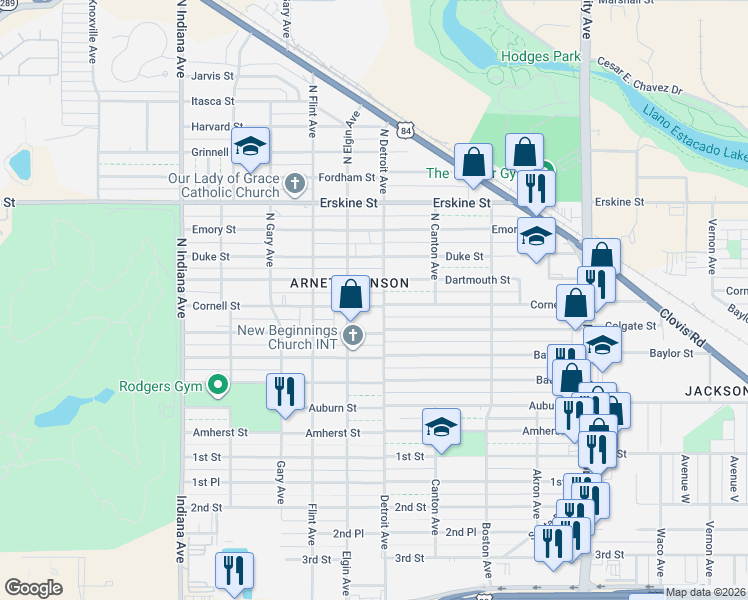 map of restaurants, bars, coffee shops, grocery stores, and more near 2911 Cornell Street in Lubbock