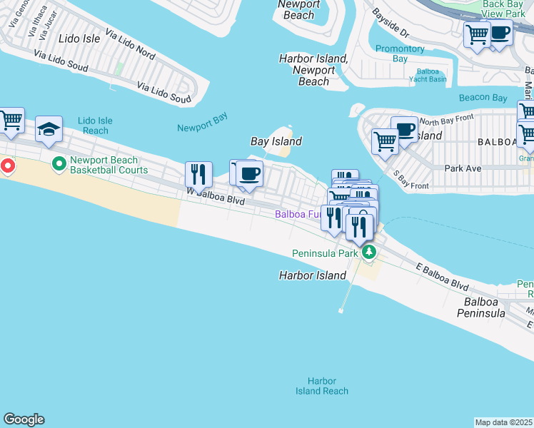 map of restaurants, bars, coffee shops, grocery stores, and more near 114 East Oceanfront in Newport Beach