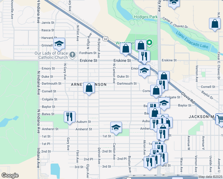 map of restaurants, bars, coffee shops, grocery stores, and more near 2729 Cornell Street in Lubbock