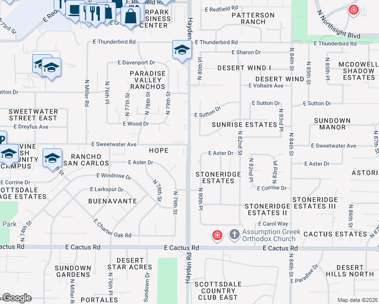map of restaurants, bars, coffee shops, grocery stores, and more near North Hayden Road in Scottsdale