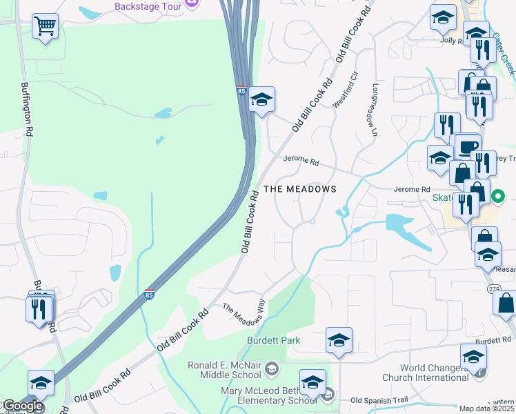 map of restaurants, bars, coffee shops, grocery stores, and more near 5580 Old Bill Cook Road in College Park