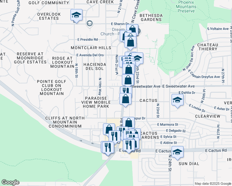 map of restaurants, bars, coffee shops, grocery stores, and more near 2035 East Sweetwater Avenue in Phoenix