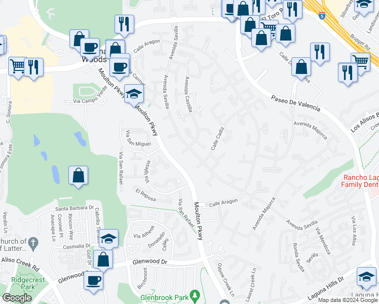 map of restaurants, bars, coffee shops, grocery stores, and more near 439 Avenida Sevilla in Laguna Woods
