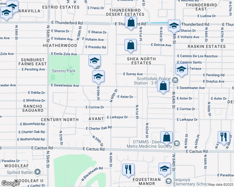 map of restaurants, bars, coffee shops, grocery stores, and more near 6015 East Aster Drive in Scottsdale