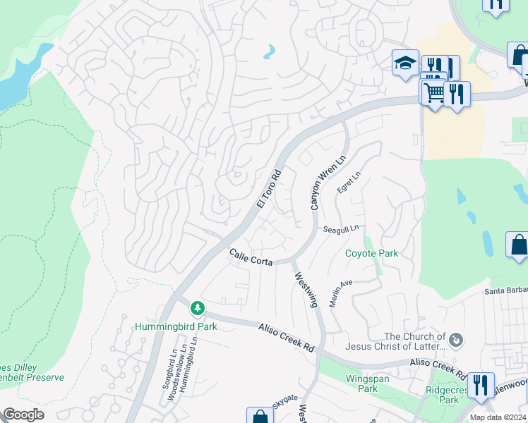 map of restaurants, bars, coffee shops, grocery stores, and more near 23 Night Heron Lane in Aliso Viejo
