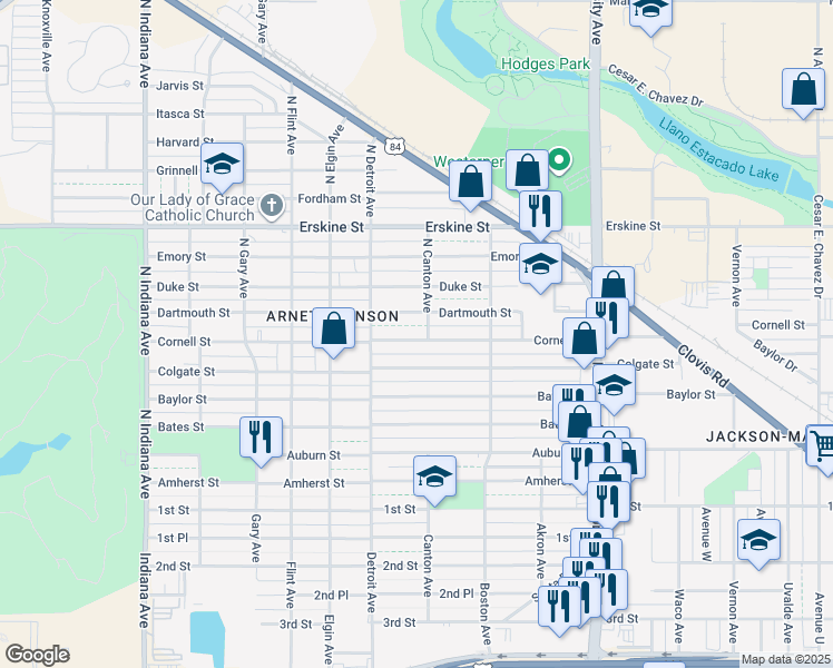map of restaurants, bars, coffee shops, grocery stores, and more near 2729 Cornell Street in Lubbock