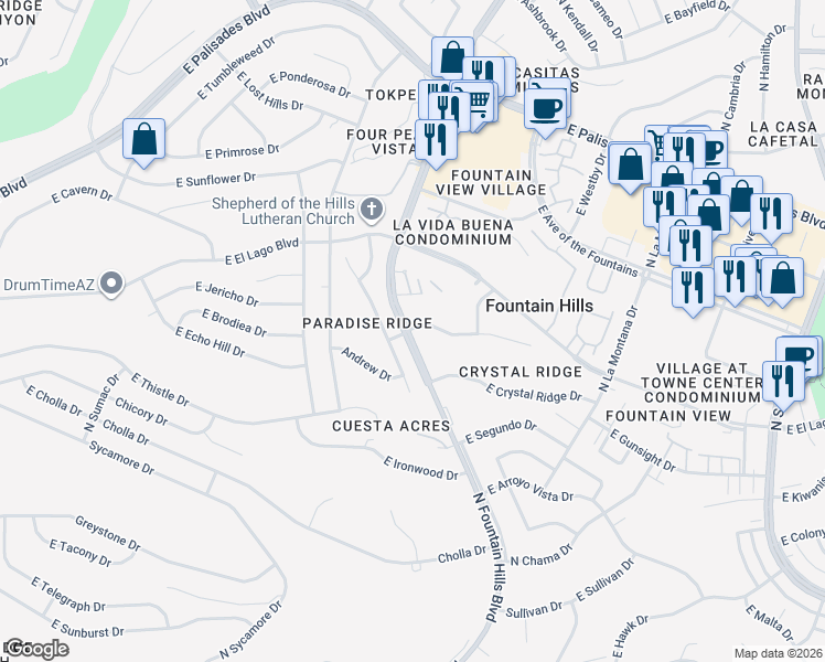 map of restaurants, bars, coffee shops, grocery stores, and more near 16700 East El Lago Boulevard in Fountain Hills