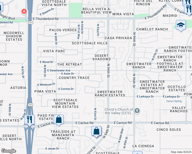 map of restaurants, bars, coffee shops, grocery stores, and more near 9302 East Windrose Drive in Scottsdale
