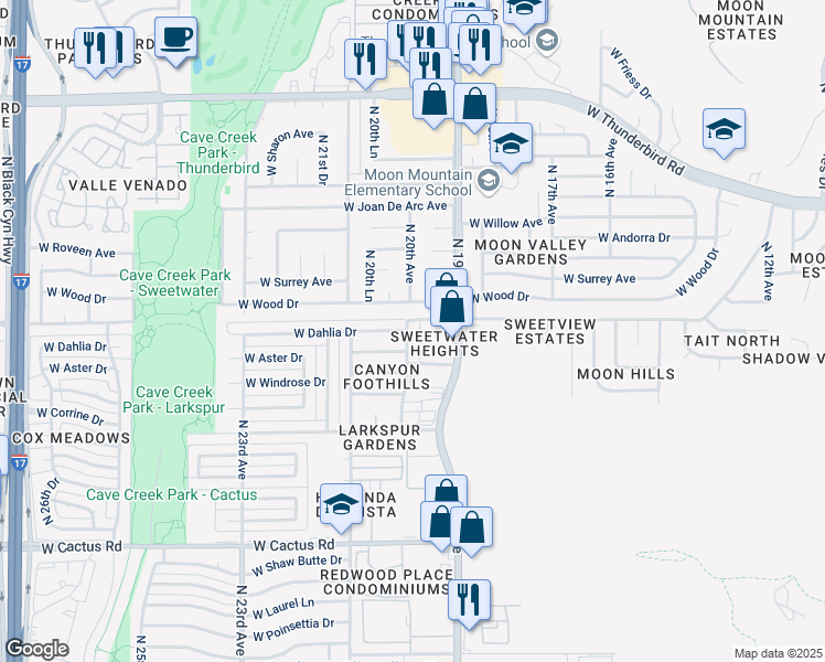 map of restaurants, bars, coffee shops, grocery stores, and more near 12820 North 19th Avenue in Phoenix