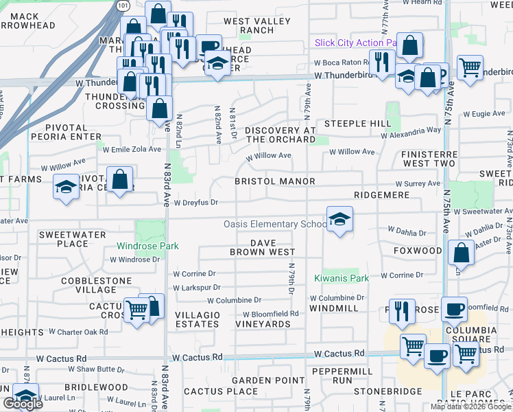 map of restaurants, bars, coffee shops, grocery stores, and more near 8008 West Sweetwater Avenue in Peoria