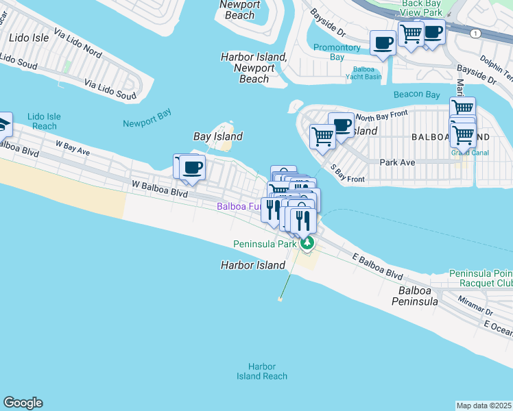 map of restaurants, bars, coffee shops, grocery stores, and more near 319 East Balboa Boulevard in Newport Beach