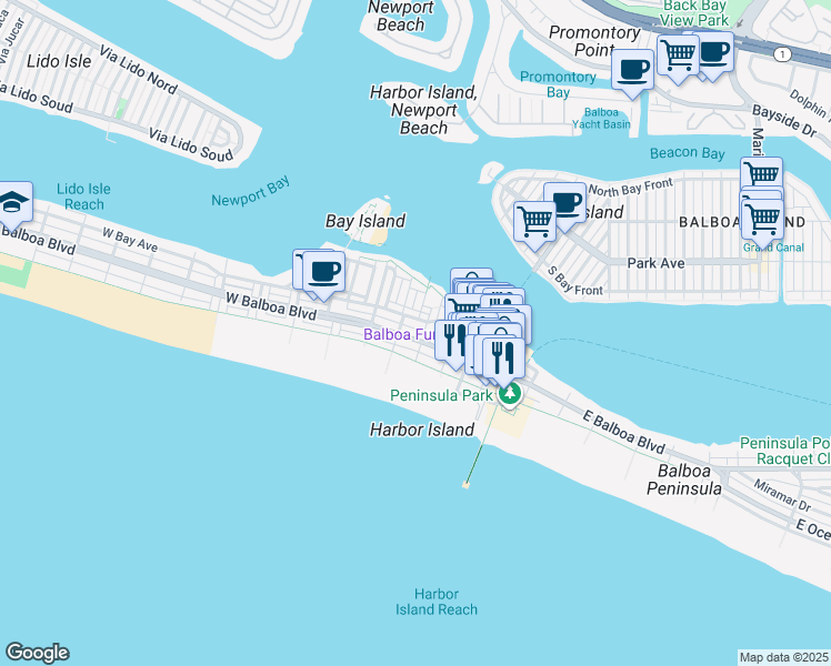 map of restaurants, bars, coffee shops, grocery stores, and more near 319 East Balboa Boulevard in Newport Beach