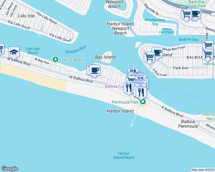 map of restaurants, bars, coffee shops, grocery stores, and more near 208 East Oceanfront in Newport Beach