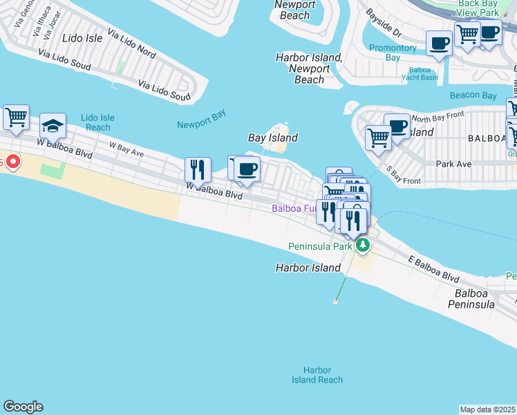 map of restaurants, bars, coffee shops, grocery stores, and more near 105 East Balboa Boulevard in Newport Beach