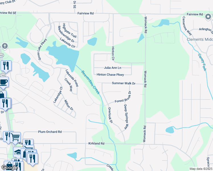 map of restaurants, bars, coffee shops, grocery stores, and more near 205 Summer Walk Drive in Covington