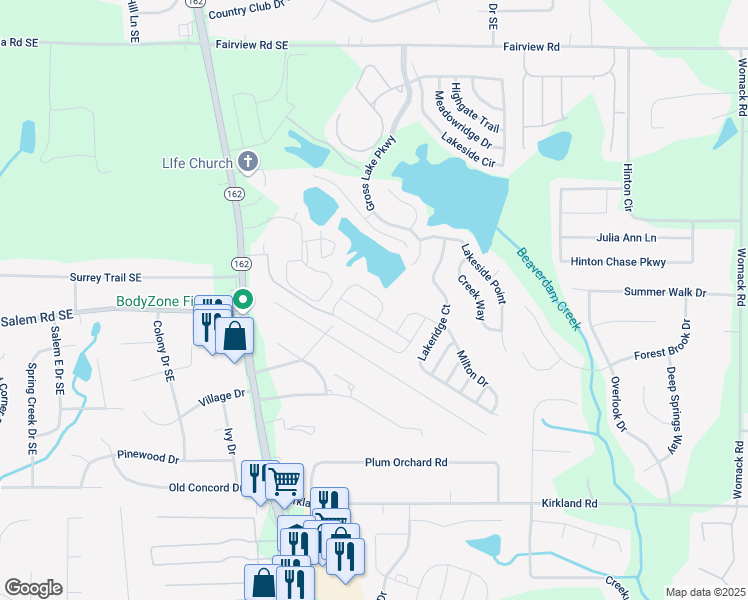 map of restaurants, bars, coffee shops, grocery stores, and more near 680 Barshay Drive in Covington