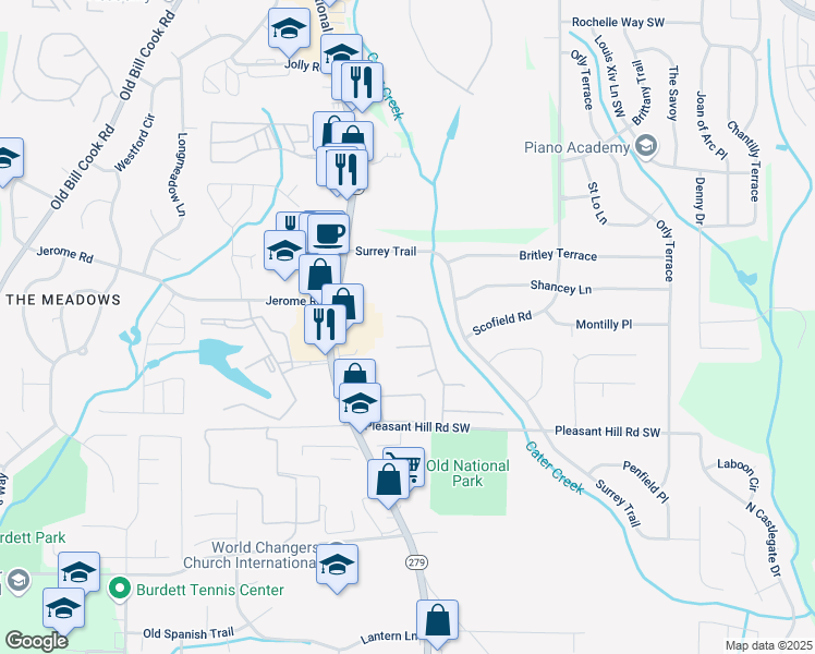 map of restaurants, bars, coffee shops, grocery stores, and more near 5300 Willow Park Boulevard in Atlanta