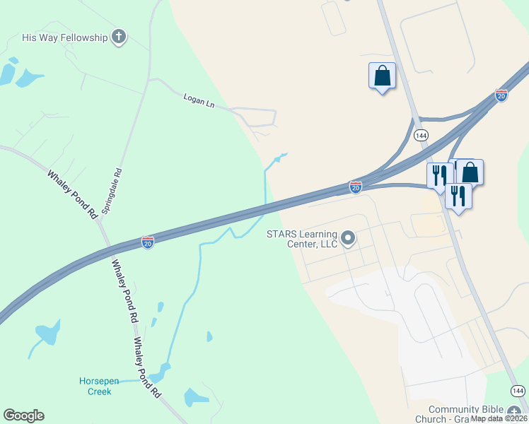 map of restaurants, bars, coffee shops, grocery stores, and more near Interstate 20 in Graniteville