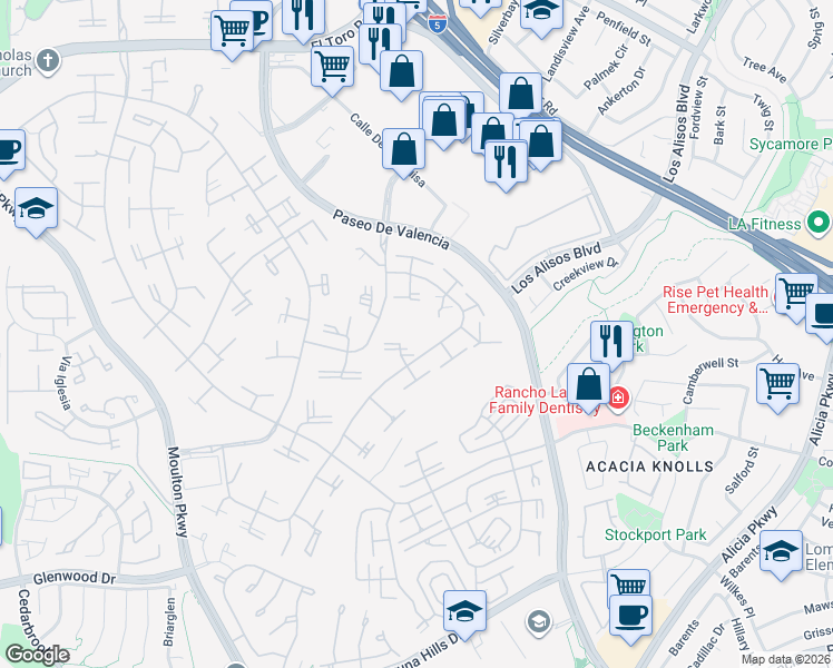 map of restaurants, bars, coffee shops, grocery stores, and more near 220 Avenida Majorca in Laguna Woods