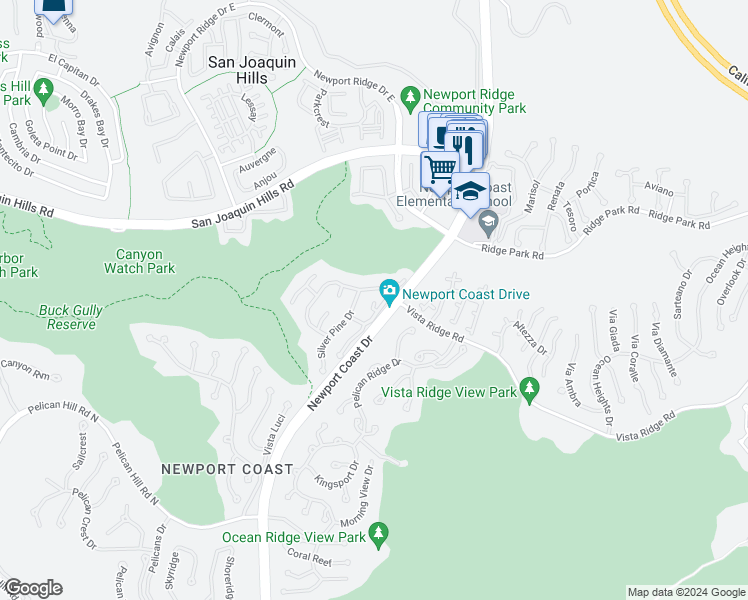 map of restaurants, bars, coffee shops, grocery stores, and more near 5 Torrey Pine Drive in Newport Beach